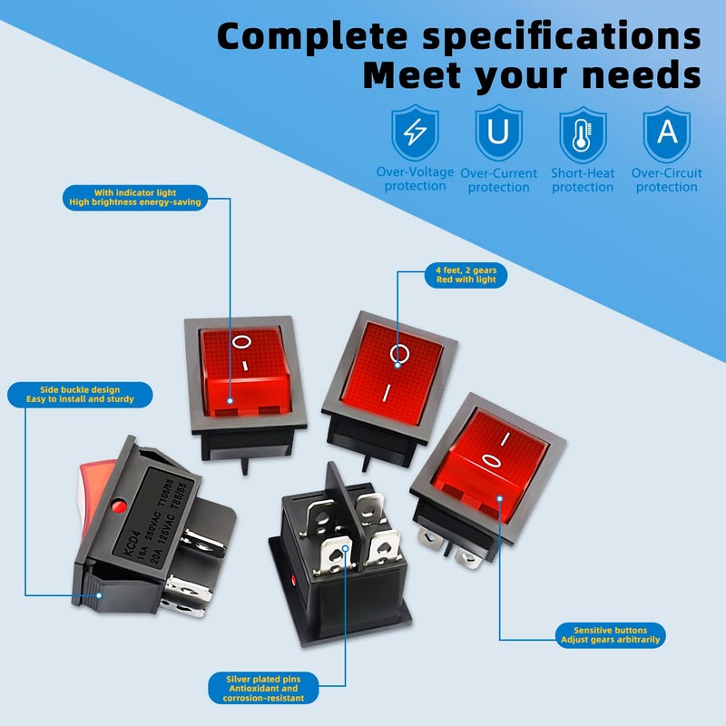 DaFuRui KCD4 Rocker Switch，10PCS 30A 125V/250V AC Large Current Rocker Switch ON/Off Switch 4Pins red Light Illuminated Switch - Image 2